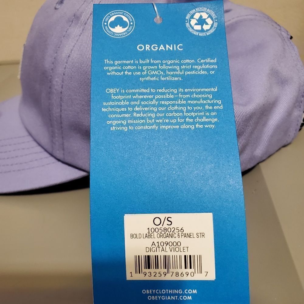 Obey Bold Label Organic Mens 6 Panel Strapback Digital Violet NWT - Picture 6 of 9